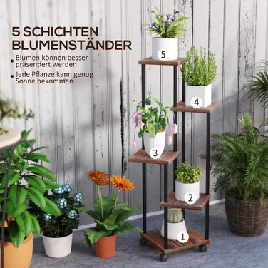 Outsunny 5-Tier Plant Stand with Wheels, Flower Stand for Indoor Outdoor, Steel and Wood Plant Shelf, Multi-Level Flower Shelf, 110cm High Flower Ladder for Living Room, Garden Balcony Decor, Charcoal | Aosom