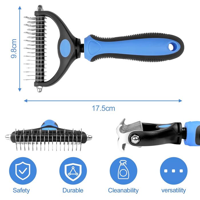 Щітка для собак з довгою шерстю з нержавіючої сталі, двостороння, 17+9 зубців, підходить для котів, проти ковтунів, отвір для підвішування в ручці
