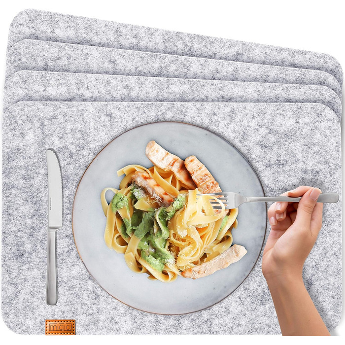 MIQIO® Design Felt Placemats Washable | With Branded Genuine Leather Label | Washable Placemats | Light Gray Melange | Felt Mat Placemats Wipeable (Set for 8 People)