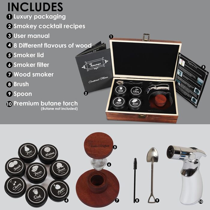Набір для копчення віскі та коктейлів Smokeologist: 8 натуральних ароматизаторів, преміум-запальничка, подарункова коробка