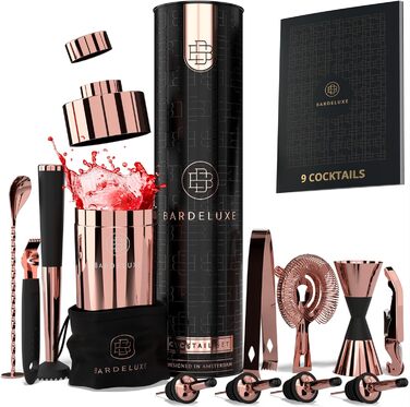 Набір для коктейлів BarDeluxe® 12 предметів: шейкер, міксер, аксесуари | 750 мл, нержавіюча сталь, рожеве золото | Преміум подарунковий набір для барменів