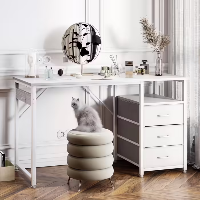 ODK Desk with 3 Fabric Drawers, Computer Desk with 2 Sockets and USB Ports, Reversible PC Desk Office Desk for Home Office (White, 120x48x75.5 cm) 120x48x75.5cm White