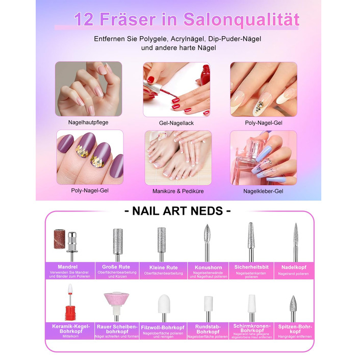 Електричний фрезер для нігтів CozyZen Professional: набір для манікюру та педикюру з LCD-дисплеєм, 45000 об/хв, для акрилу та гелю