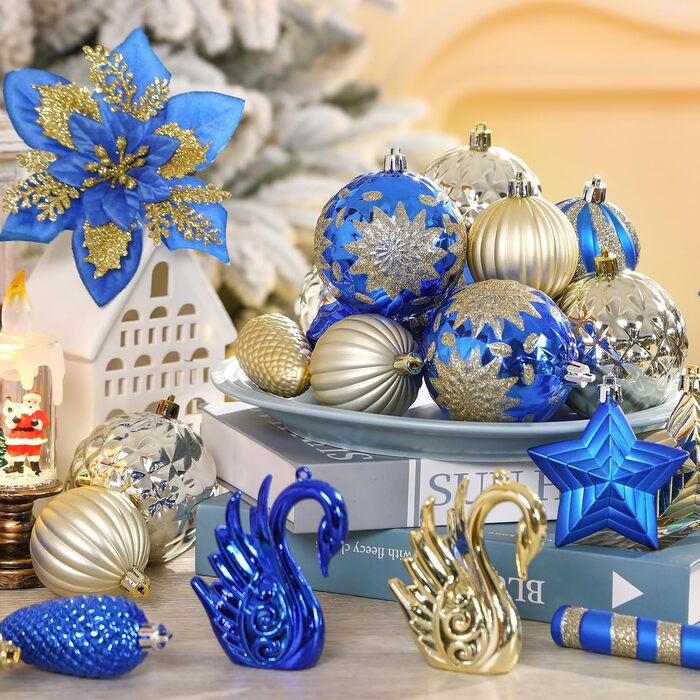 Набір прикрас на ялинку Alupssuc 128 шт: ялинкові кулі, квіти, стрічки, верхівка, гачки (чорний & золото, синій & золото)