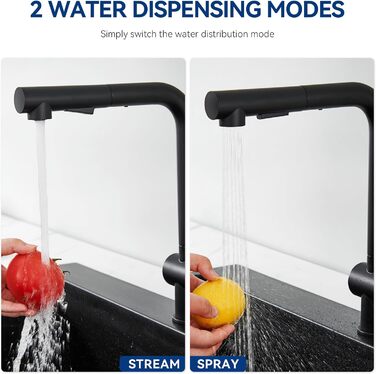 Кран кухонний CECIPA Hochdruck, висувна насадка, двосторонній струмінь, поворотний 360°, з нержавіючої сталі, чорний матовий, ×207B L-подібний, ×2