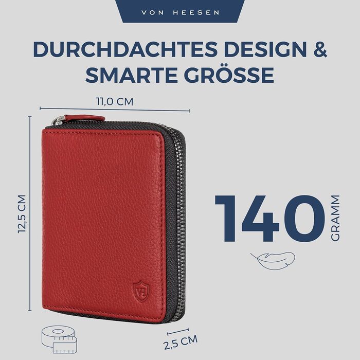 Шкіряний гаманець VON HEESEN з RFID-захистом, червоний, для жінок і чоловіків, з монетницею