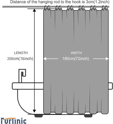Штора для ванної Furlinic 180x200 см, темно-сіра, вафельний текстиль, водонепроникна, анти-грибок, з кільцями (1 шт)