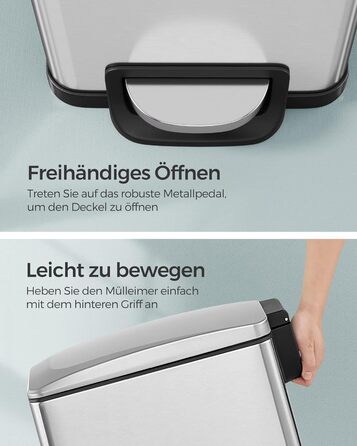Степле́р SONGMICS для кухні, 48 літрів, вузький, з м'яким закриттям, з відром, з нержавіючої сталі, 15 мішків у комплекті, сріблястий