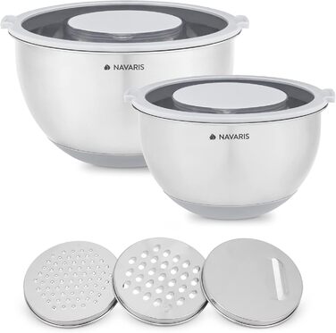 Navaris Stainless Steel Bowl Set with Lid - 2x Mixing Bowls Salad Bowls - Includes 3x Graters - Stainless Steel Bowl Set in Grey