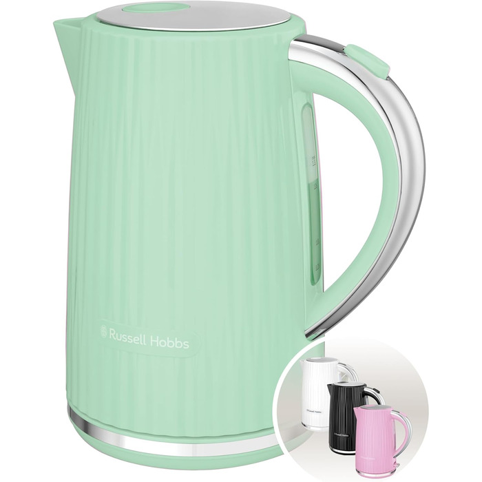 Russell Hobbs Kettle [1.7L 2400W] Eden White, Stainless Steel Accents (removable scale filter, lid opening with a push of a button, water level indicator, illuminated switch, BPA free) Teakettle 27360-70 (Pistachio)