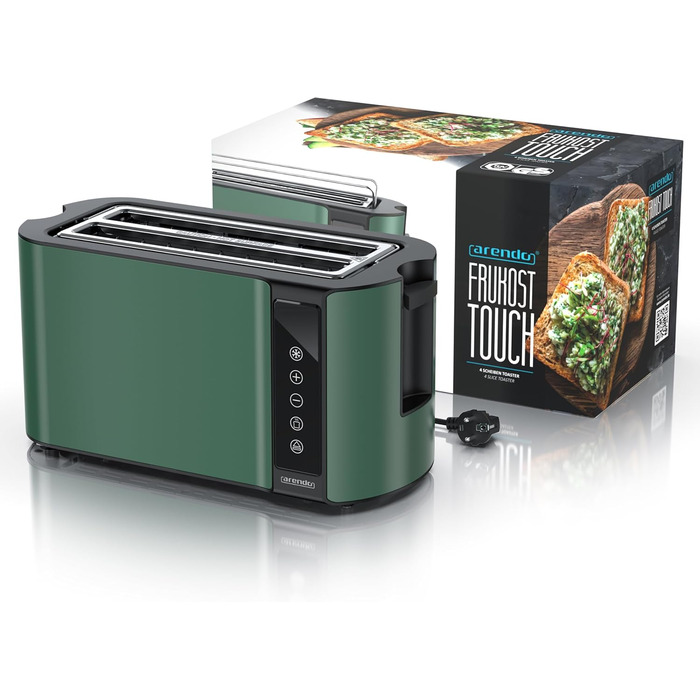 Тостер Arendo з нержавіючої сталі, 4 слоти, сенсорний екран, подвійні стінки, 1500 Вт, підставка для булочок, 7 рівнів підсмажування, центрування хліба, таймер, пам'ять, індикатор E: Green