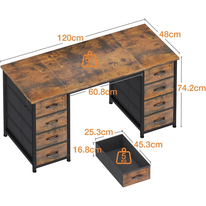 Комп'ютерний стіл Coleshome з 8 тканинними ящиками, 120x48 см, коричневий | Стіл для офісу, дому, вітальні