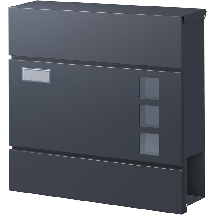 Поштова скринька BASI з м'яким закриттям, оглядовим вікном та табличкою для імені, DIN A4, з 2 ключами, вбудованим відділенням для газет, антрацит, настінна (H37x37x10.4 см)