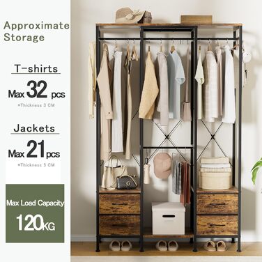 Шафа відкрита, вішалка для одягу, гардеробна стійка з 4 шухлядами, стійка для одягу, для спальні, вітальні, передпокою (rustic brown)