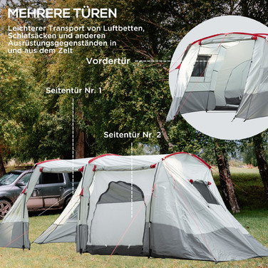 Outsunny Tunnel Tent 8-Person Tent with Sleeping Cabin, Living Room, Carry Bag, 2000mm Water Column, Gray | Aosom