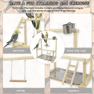 Budgie Playground Bird Playground with Feeder Cup Toy, Ladder, Climbing, Swing, and Tray for Canaries, Parakeets, Budgies, Wood, Size 45x37x26 cm #A (Wood 006)