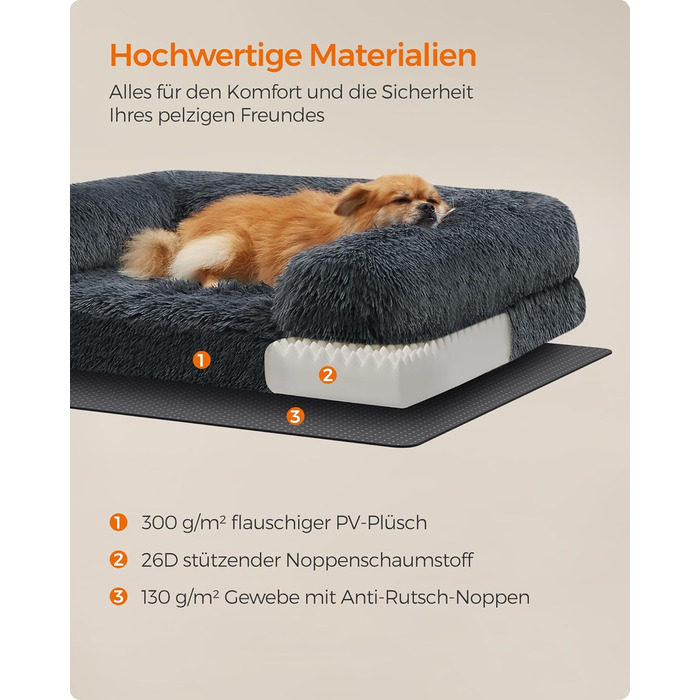 Ліжко для собак Feandrea FluffyHug, XXL, м'яке, для великих собак, знімний чохол, 122 x 85 x 19 см, сірий Ombré