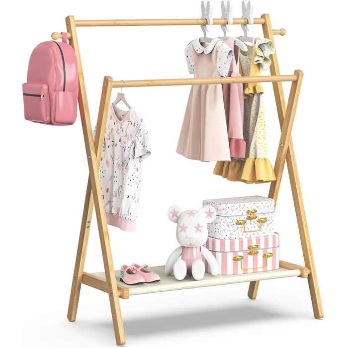 Kids' Clothes Rack, Small Clothes Rack for Toddlers and Pets, Dress-Up Rack with Shelf and Double Rods, Foldable Clothes Rack for Kids' Rooms (Standard Size)