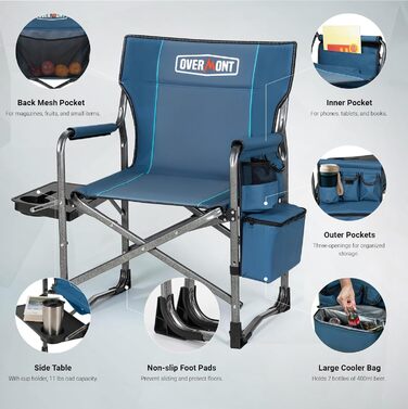 Кемпінговий стілець OVERMONT складний з бічним столиком та охолоджувальною сумкою, до 180 кг - блакитно-сірий