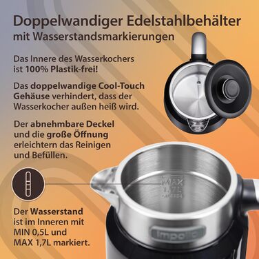 Чайник Retro Novo з регулюванням температури, чорний, 2200W, з LED-індикатором та подвійним корпусом з нержавіючої сталі