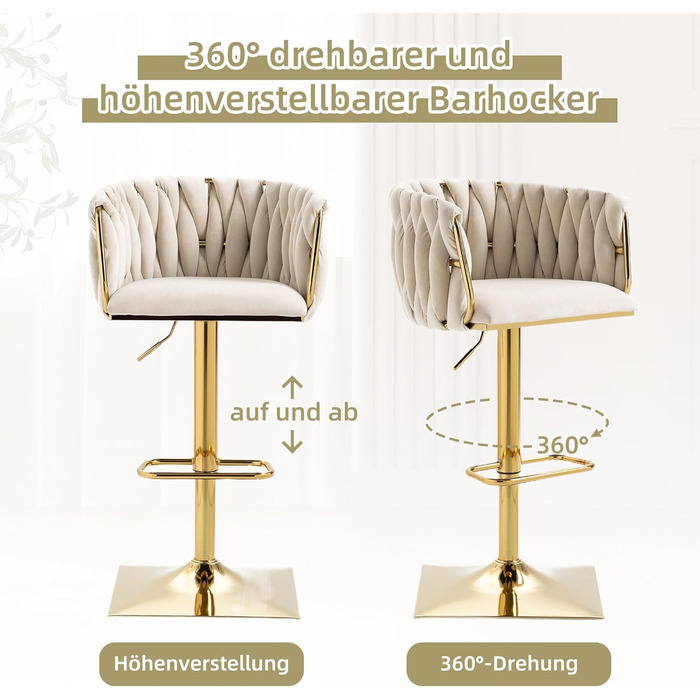 SUPPNEED Velvet Bar Stools 2-Pack - Adjustable Swivel Barstools with Backrest for Kitchen & Home Bar (Ivory)