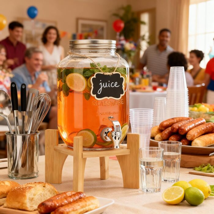 Скляний диспенсер для напоїв на 4L з краном та бамбуковим підставкою, 2 шт. Ідеально для вечірок, свят та днів народжень