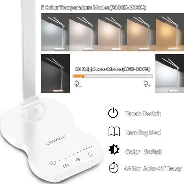 LED лампа настільна LQWELL® QM019 з диммуванням, USB-зарядкою, сенсорним керуванням та пам'яттю для дітей та офісу. 5 кольорів, 10 рівнів яскравості, металевий корпус, для захисту очей.