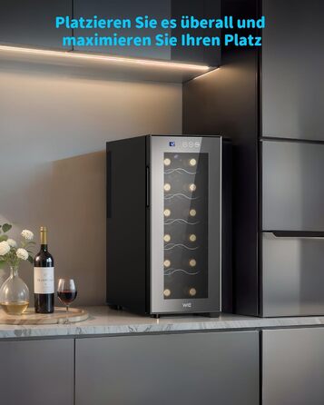 WIE 33 Liter Wine Fridge - 1 Zone, 12 Bottle Capacity, Mini Wine Cooler with Glass Door & LED Touch Panel, Anti-UV