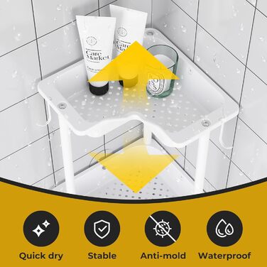 Підставка для душу OriwarE без свердління, кутова, 3 яруси, з гачками, нержавіюча сталь, пластик, білий