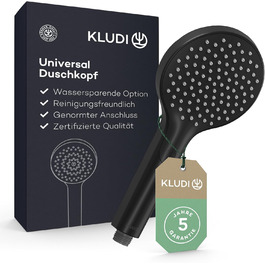 KLUDI-X3 Universal Shower Head with Hose, Shower Spray optional water-saving with 3 Spray Patterns (Body, Hair, Skin), easy-to-clean shower head Ø 11.7 cm, shower hose 1.60 m (1 spray pattern, Matte Black)