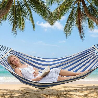 Гамак садовий ANYOO з дерев'яною перекладиною, портативний, блакитно-білий. Для тераси, саду, пляжу