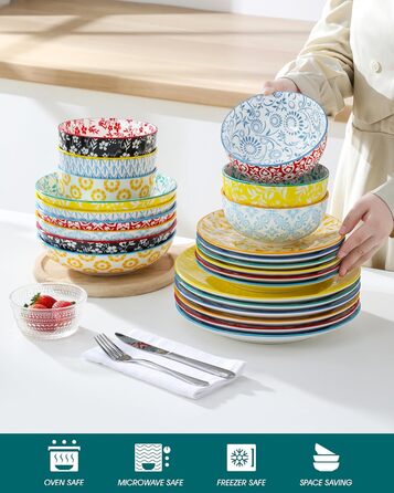 Набір посуду Vancasso Selene на 6 осіб, 24 елементи: тарілки, супові тарілки, миски, десертні тарілки з пастельного порцеляну. Підходить для мікрохвильової печі.