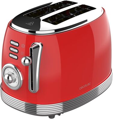 Тостер Cecotec Toaster 2 Scheiben Toast&Taste 1000 Retro Double: 980 Вт, 2 слоти, нержавіюча сталь, регулювання потужності, піддон для крихт (червоний)