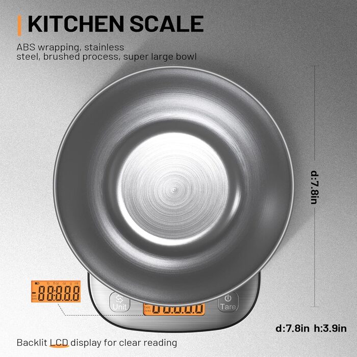 Digital Kitchen Food Scale with Bowl - Stainless Steel, 11lb/0.01oz, IPX6 Waterproof - for Baking, Cooking, Dieting