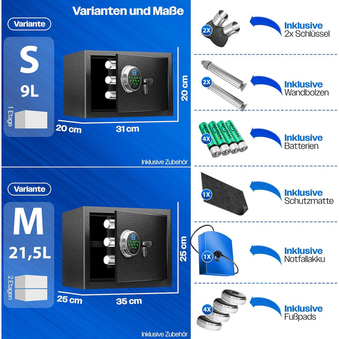 Електронний сейф KESSER® з відбитком пальця та замком | З резервним акумулятором | Сейф для підлоги, стіни, меблів | Чорний | 3-х болонцева замикання