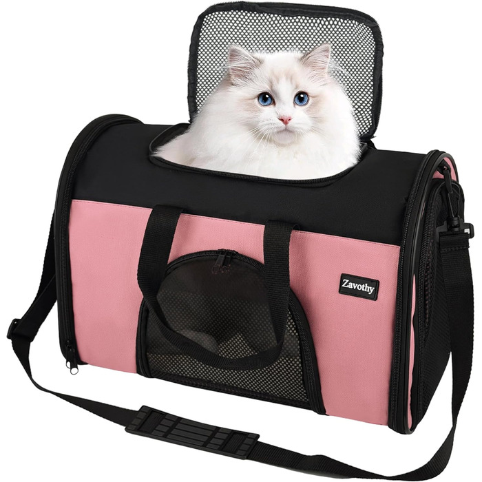 Транспортна сумка для котів та собак Zavothy, дихаюча та легка, з регульованим плечовим ременем, знімний м'який матрац (Рожевий, S)
