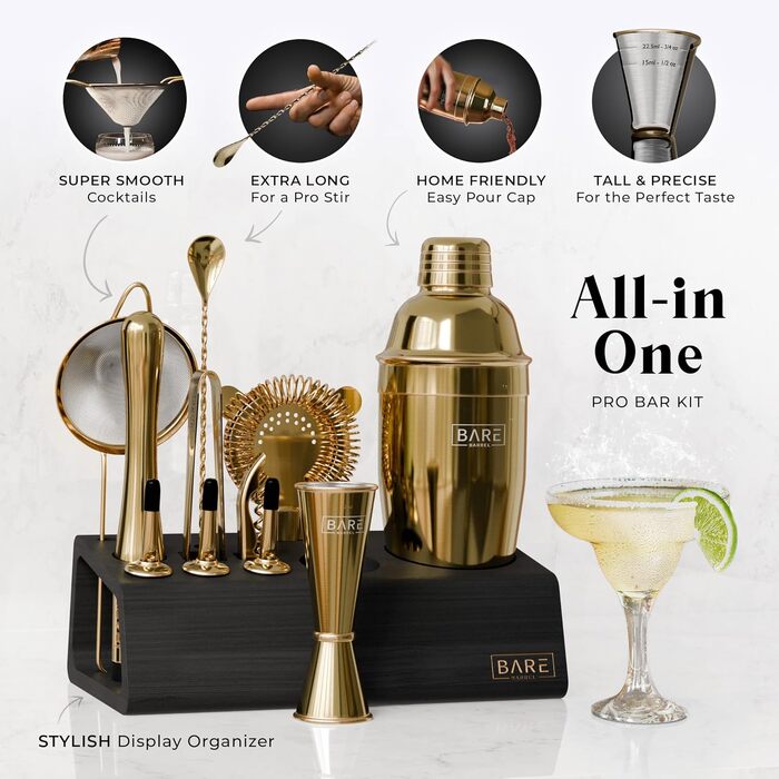 Професійний набір для коктейлів BARE BARREL Mixology Barkeeper Kit, 14 предметів, золотий, з шейкером Коблер 24oz та картками рецептів