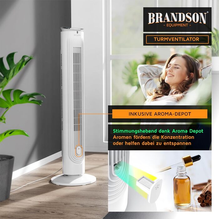 Вентилятор вежний Brandson з пультом, аромадифузором, нічним режимом та таймером - білий