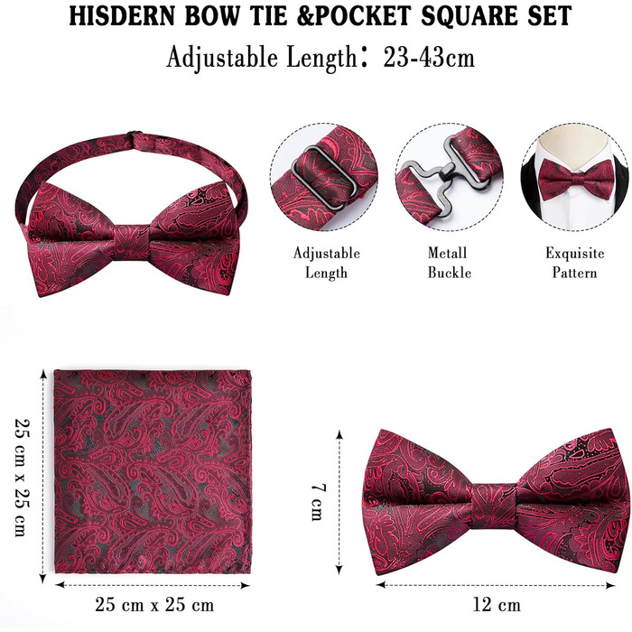 HISDERN Комплект краватки, нагрудного хустинки та запонок Paisley, з гачком, вже зав'язана, регульована, для весілля, свят, Різдва, Хелловіну (A2-Бордовий)