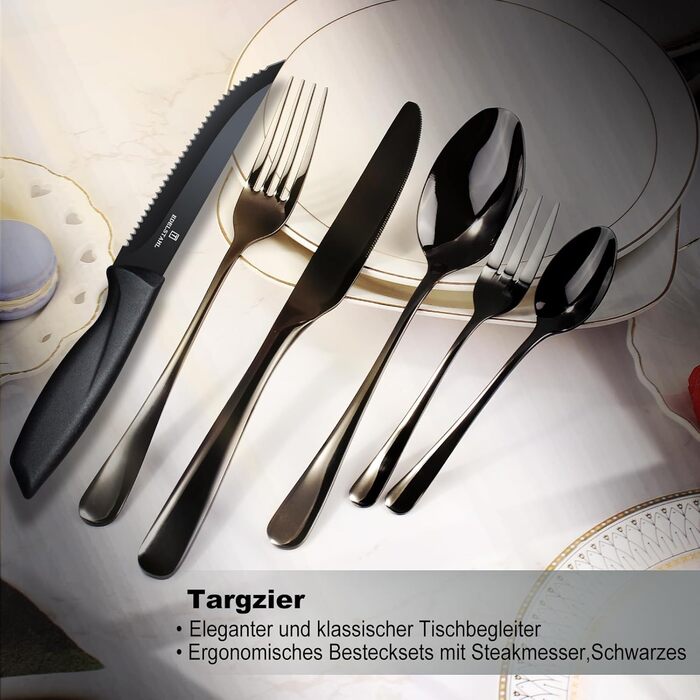 Набір столових приборів на 6 осіб Targzier 36 предметів: ложки, виделки, ножі для стейку. Якісний набір столових приборів з нержавіючої сталі, чорний колір, для сім'ї, вечірки, готелю, придатний для миття в посудомийній машині.