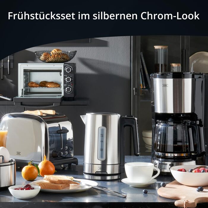 Набір для сніданку KHG: чайник та тостер, нержавіюча сталь, сріблястий хром, об'єм 1 л, 2 слоти, точний вилив, поворотний на 360°, 6 рівнів підсмажування, функції підігріву, розморожування та для багелів, піддон для крихт (комплект з тостером та кавоварко