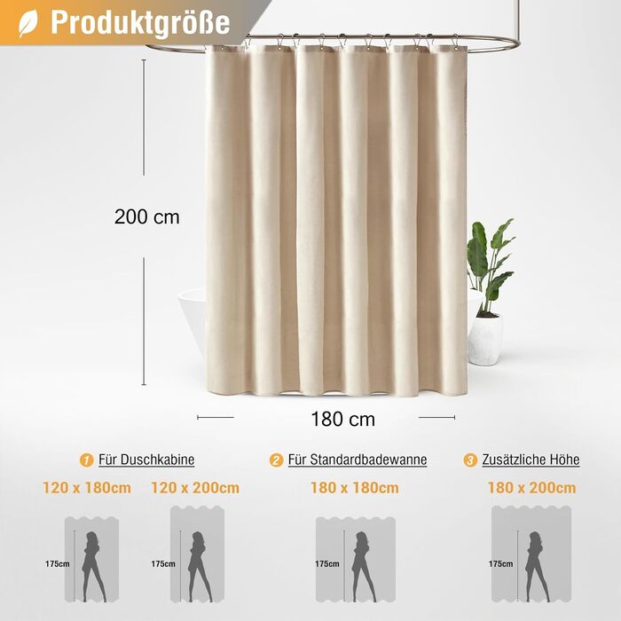 Тканинна шторка для душу BTTN, бежева, 180x200 см, текстура льону, антигрибкова, пральна, з 12 гачками, водонепроникна, з декоративним обтяженням, для ванни, кремового кольору, 1 шт.