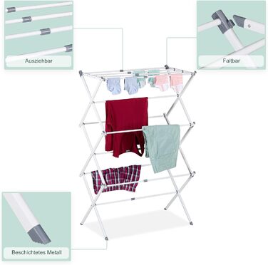 Розкладний сушильник для білизни Relaxdays з 11 стійками на 6 рівнях, 105x73x37 см, металевий, білий