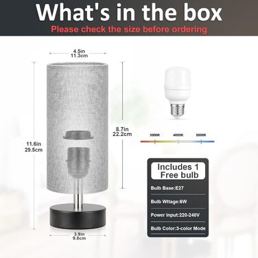 Настільна лампа Kakanuo з 3 режимами кольору, біла, з вимикачем, абажур з льону, для вітальні, спальні, офісу, дитячої кімнати (LED лампа в комплекті), колір: білий+чорний (сірий+чорний)