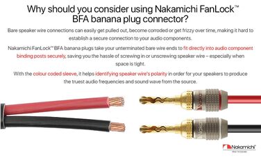 Бананові роз'єми Nakamichi FanLock Excel-Serie, 24K позолочені BFA коннектори для акустичних кабелів 10-18 AWG, 4 мм, для Hi-Fi стерео та домашнього кінотеатру, 4 шт (2 пари)