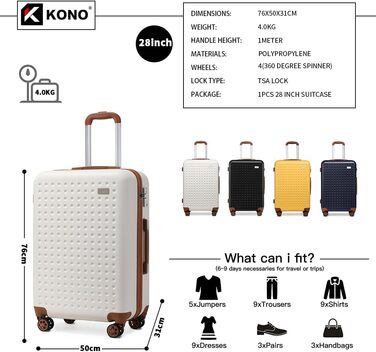 Чемодан-тележка KONO з жорсткою оболонкою, 76 см, 100 л, білий