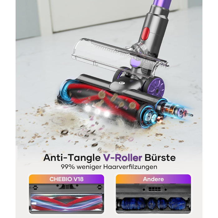 CHEBIO 45000Pa/550W/70Min Cordless Vacuum Cleaner, Battery-Powered Vacuum with Automatic Suction Setting, Vacuum with Anti-Tangle Brush & LED Display for Carpets, Hard Floors, and Pet Hair