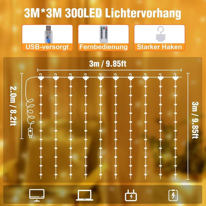 Льодовиковий штор LED 3x3м, 300 LED, з пульт, 10 гачків, USB, для декору, вікна, кімната, балкон, тепле світло, PVC