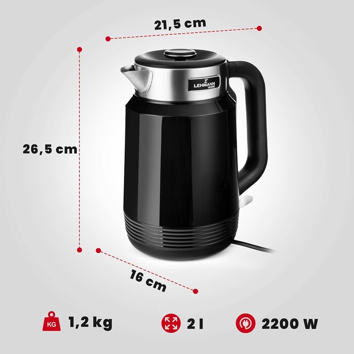 Електричний чайник LEHMANN з нержавіючої сталі 2L, 2200W, швидке нагрівання, подвійні стінки, автовимкнення та захист від перегріву, BPA-free, для великих сімей та офісів, чорний