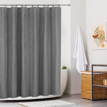 Штора для душу миюча текстильна поліестер 180x200 см, сіра, з кільцями (12 шт.) - Водонепроникна штора у ванну